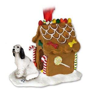 Blue Belton English Setter Dog with Gingerbread House Christmas Ornament – Hand-Painted Stone Resin