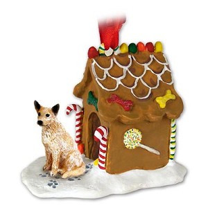Red Australian Cattle Dog with Gingerbread House Christmas Ornament – Hand-Painted Stone Resin