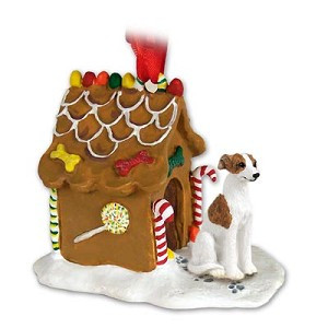 Brindle & White Whippet Dog with Gingerbread House Christmas Ornament – Hand-Painted Stone Resin