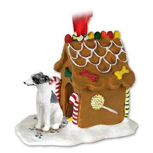 Gray & White Whippet Dog with Gingerbread House Christmas Ornament – Hand-Painted Stone Resin
