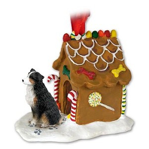 Tricolor with Docked Tail Australian Shepherd Dog with Gingerbread House Christmas Ornament
