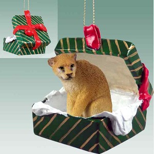 Green Cougar in Green Gift Box Christmas Ornament – Hand-Painted Stone Resin