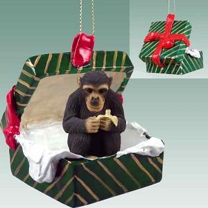 Green Gift Box Chimpanzee in Green Gift Box Christmas Ornament – Hand-Painted Stone Resin