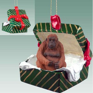 Orangutan in Green Gift Box Christmas Ornament – Hand-Painted Stone Resin