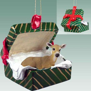 Deer Doe in Green Gift Box Christmas Ornament – Hand-Painted Stone Resin