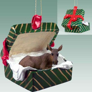 Moose in Green Gift Box Christmas Ornament – Hand-Painted Stone Resin