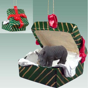 Gift Box Green Rhinoceros in Green Gift Box Christmas Ornament – Hand-Painted Stone Resin
