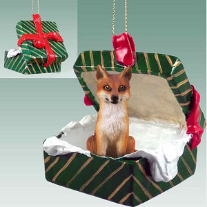 Red Fox in Green Gift Box Christmas Ornament – Hand-Painted Stone Resin