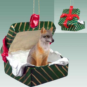 Gray Fox in Green Gift Box Christmas Ornament – Hand-Painted Stone Resin