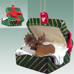 Green Bull Moose in Green Gift Box Christmas Ornament – Hand-Painted Stone Resin