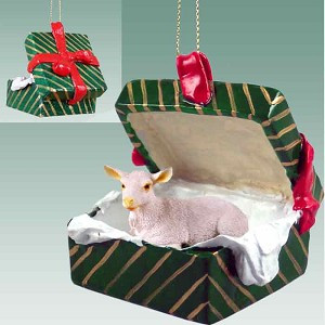 White Goat in Green Gift Box Christmas Ornament – Hand-Painted Stone Resin
