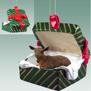 Brown Goat in Green Gift Box Christmas Ornament – Hand-Painted Stone Resin