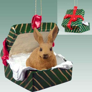Brown Rabbit in Green Gift Box Christmas Ornament – Hand-Painted Stone Resin