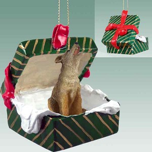 Green Coyote in Green Gift Box Christmas Ornament – Hand-Painted Stone Resin