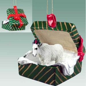 Gift Box Green Mountain Goat in Green Gift Box Christmas Ornament – Hand-Painted Stone Resin