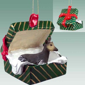 Green Okapi in Green Gift Box Christmas Ornament – Hand-Painted Stone Resin