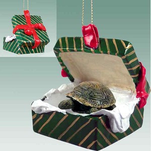 Gift Box Green Turtle in Green Gift Box Christmas Ornament – Hand-Painted Stone Resin