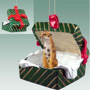 Green Gift Box Cheetah in Green Gift Box Christmas Ornament – Hand-Painted Stone Resin