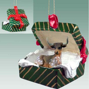 Green Long Horn Steer in Green Gift Box Christmas Ornament – Hand-Painted Stone Resin