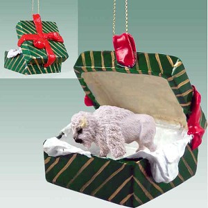 White Buffalo in Green Gift Box Christmas Ornament – Hand-Painted Stone Resin