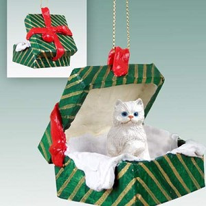 White Persian Cat in Green Gift Box Christmas Ornament – Hand-Painted Stone Resin
