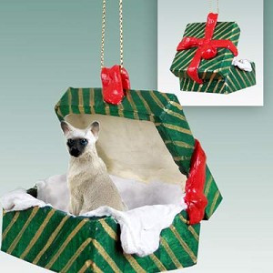 Siamese Cat in Green Gift Box Christmas Ornament – Hand-Painted Stone Resin