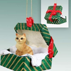 Red Tabby Manx Cat in Green Gift Box Christmas Ornament – Hand-Painted Stone Resin