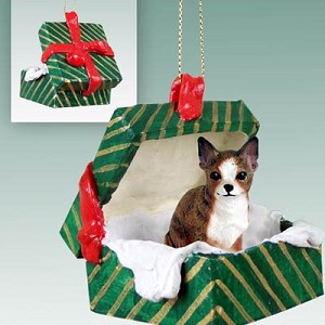 Brindle & White Chihuahua Dog in Green Gift Box Christmas Ornament – Hand-Painted Stone Resin