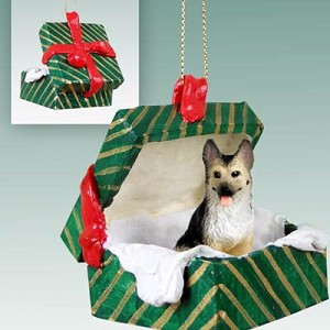 Tan Black German Shepherd Dog in Green Gift Box Christmas Ornament – Hand-Painted Stone Resin