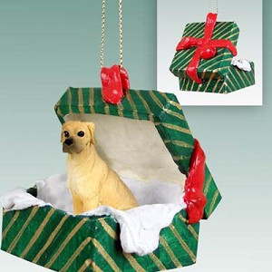 Fawn Uncropped Ears Great Dane Dog in Green Gift Box Christmas Ornament – Hand-Painted Stone Resin
