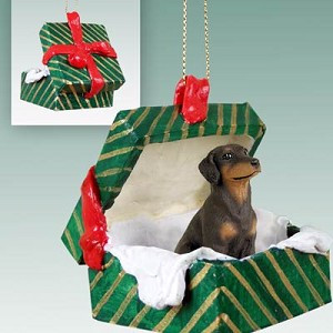 Black and Tan Uncropped Ears Doberman Pinscher Dog in Green Gift Box Christmas Ornament
