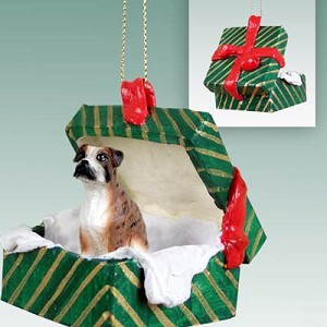 Brindle Uncropped Ears Boxer Dog in Green Gift Box Christmas Ornament – Hand-Painted Stone Resin