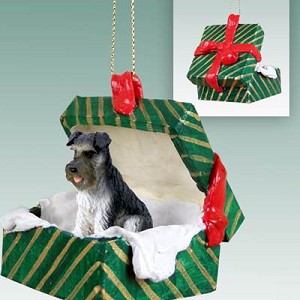 Gray Uncropped Ears Schnauzer Dog in Green Gift Box Christmas Ornament – Hand-Painted Stone Resin