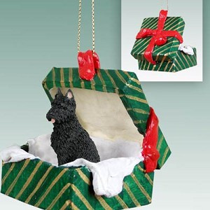 Bouvier Des Flandres Dog in Green Gift Box Christmas Ornament – Hand-Painted Stone Resin