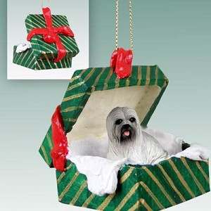 Gray Lhasa Apso Dog in Green Gift Box Christmas Ornament – Hand-Painted Stone Resin