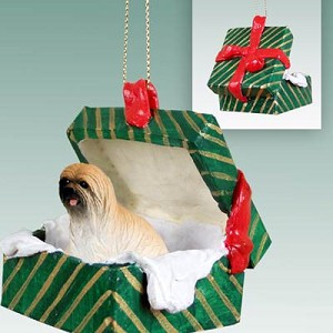Brown Lhasa Apso Dog in Green Gift Box Christmas Ornament – Hand-Painted Stone Resin