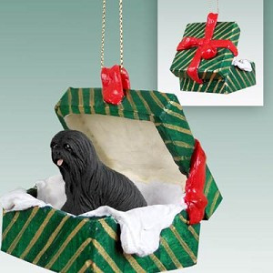 Black Lhasa Apso Dog in Green Gift Box Christmas Ornament – Hand-Painted Stone Resin
