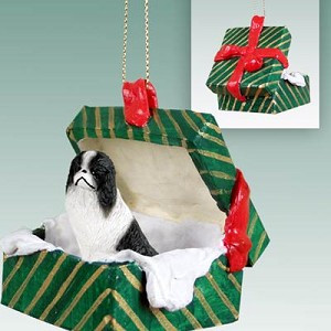Black & White Japanese Chin Dog in Green Gift Box Christmas Ornament – Hand-Painted Stone Resin
