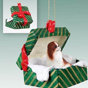 Red & White Japanese Chin Dog in Green Gift Box Christmas Ornament – Hand-Painted Stone Resin