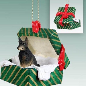 Gift Box Green Belgian Tervuren Dog in Green Gift Box Christmas Ornament – Hand-Painted Stone Resin