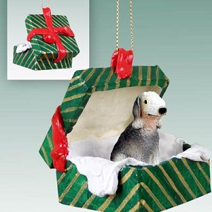 Bedlington Terrier Dog in Green Gift Box Christmas Ornament – Hand-Painted Stone Resin