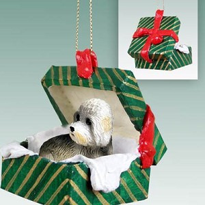 Dandie Dinmont Terrier Dog in Green Gift Box Christmas Ornament – Hand-Painted Stone Resin