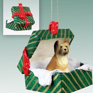 Green Briard Dog in Green Gift Box Christmas Ornament – Hand-Painted Stone Resin