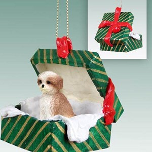 Tan Sport Cut Shih Tzu Dog in Green Gift Box Christmas Ornament – Hand-Painted Stone Resin