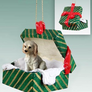Cream Labradoodle Dog in Green Gift Box Christmas Ornament – Hand-Painted Stone Resin