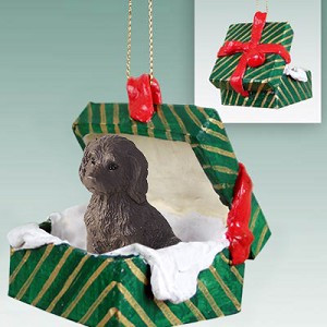 Chocolate Labradoodle Dog in Green Gift Box Christmas Ornament – Hand-Painted Stone Resin