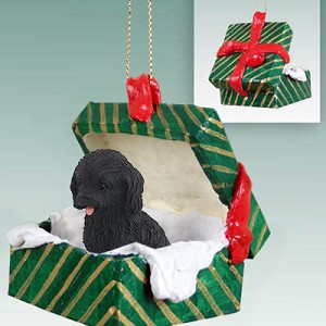 Black Cockapoo Dog in Green Gift Box Christmas Ornament – Hand-Painted Stone Resin