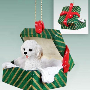 White Cockapoo Dog in Green Gift Box Christmas Ornament – Hand-Painted Stone Resin