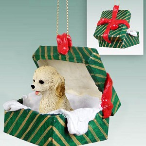 Blond Cockapoo Dog in Green Gift Box Christmas Ornament – Hand-Painted Stone Resin