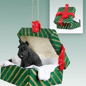 Black Schnauzer Dog in Green Gift Box Christmas Ornament – Hand-Painted Stone Resin